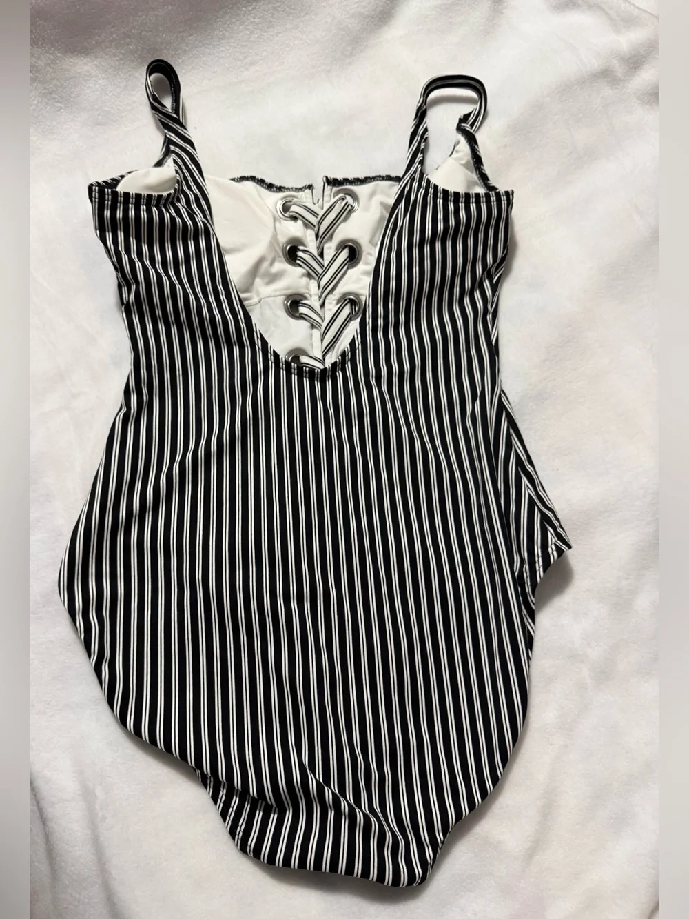 Michael Kors Black & White Striped Lace-Up One-Piece Swimsuit Size 12